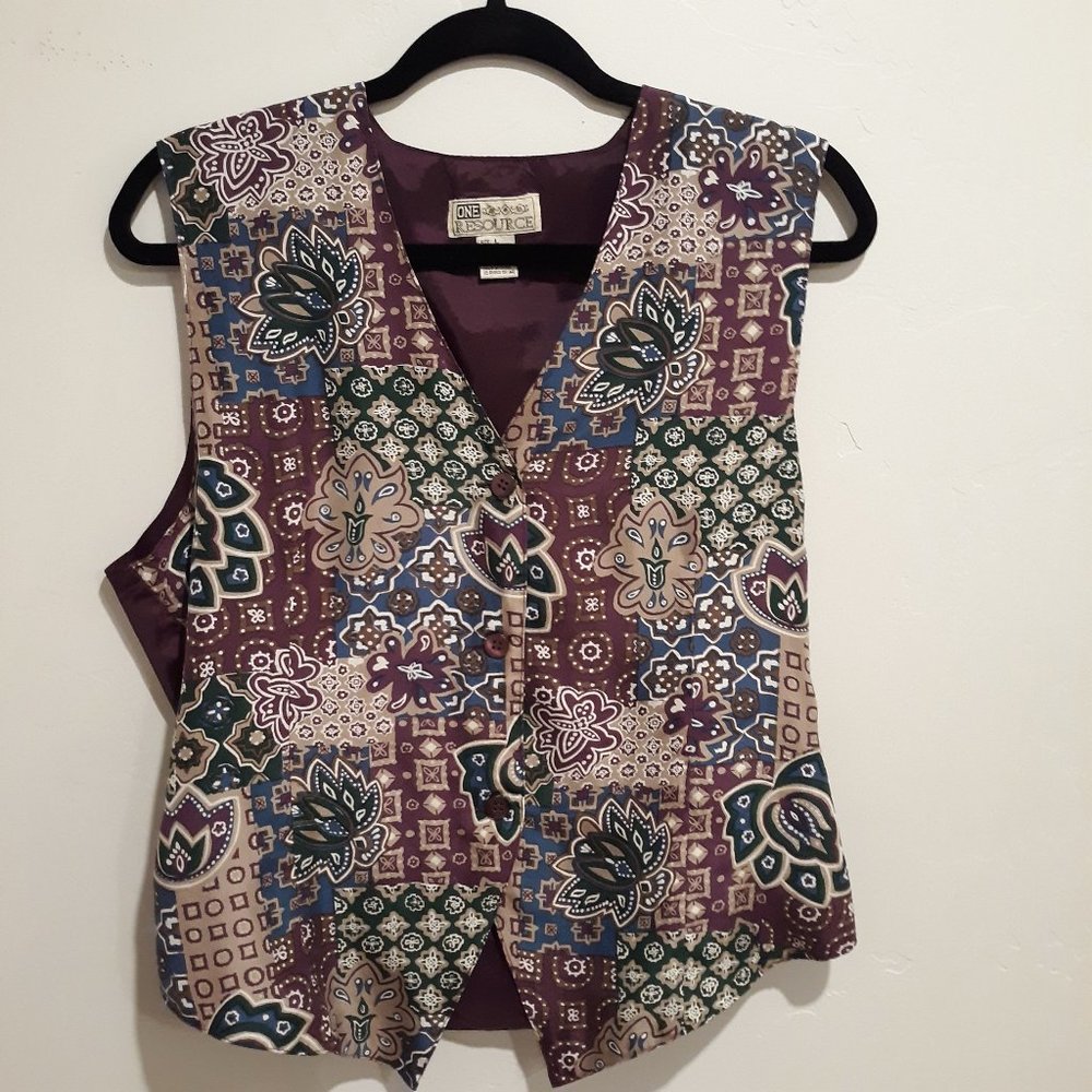 100% Silk Patter Purple Vest Size Large